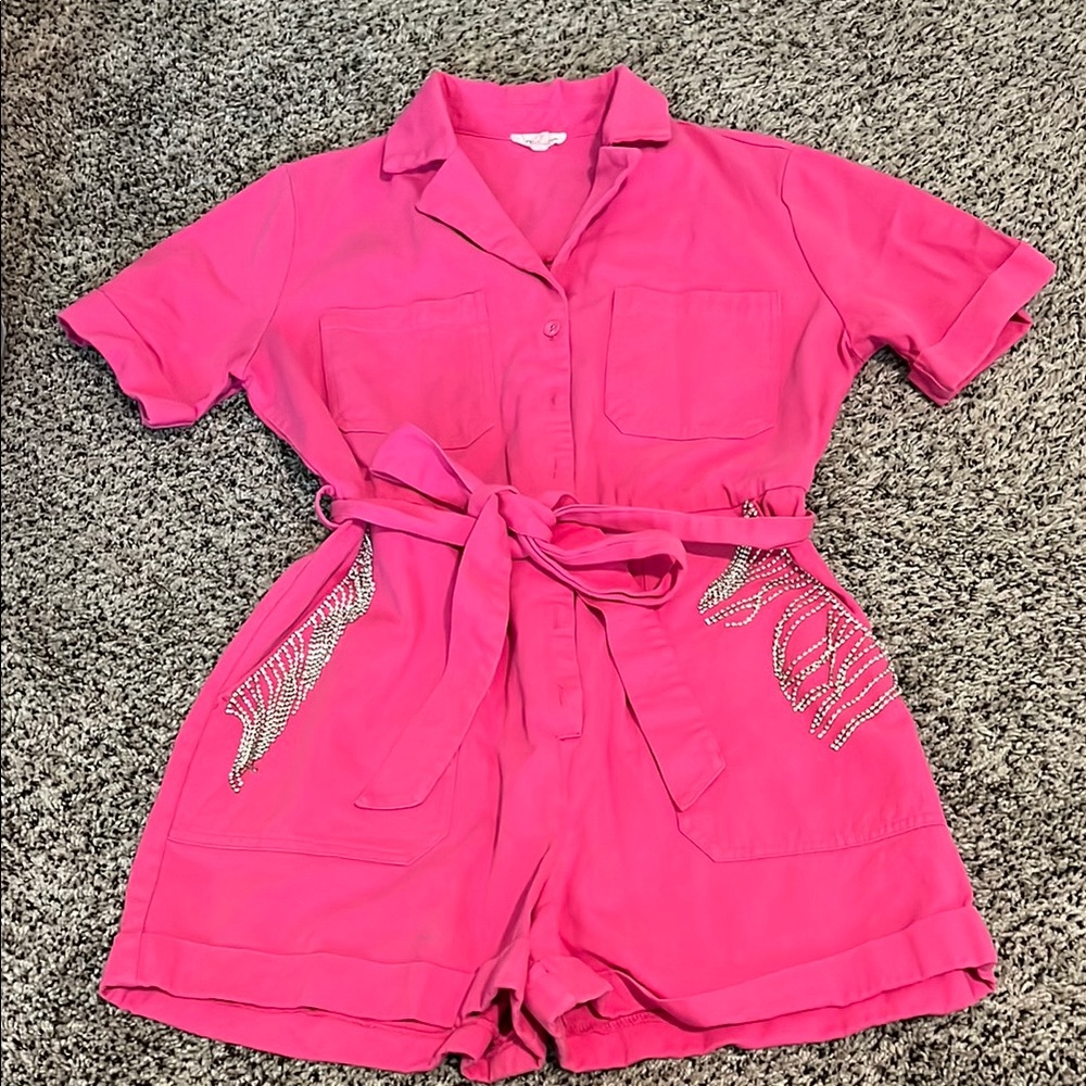 Mainstrip Pink Short Sleeve Utility Romper with Sparkly Tassels